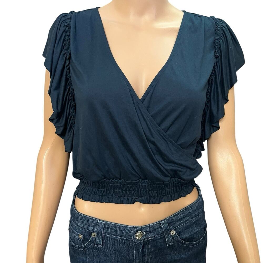 Anthropologie Ruffle Faux Wrap Top XS Navy Blue Cropped Flutter Sleeve Casual